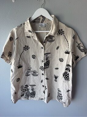 Hot Cotton Marc Ware tan black African print short sleeve button down top sz M